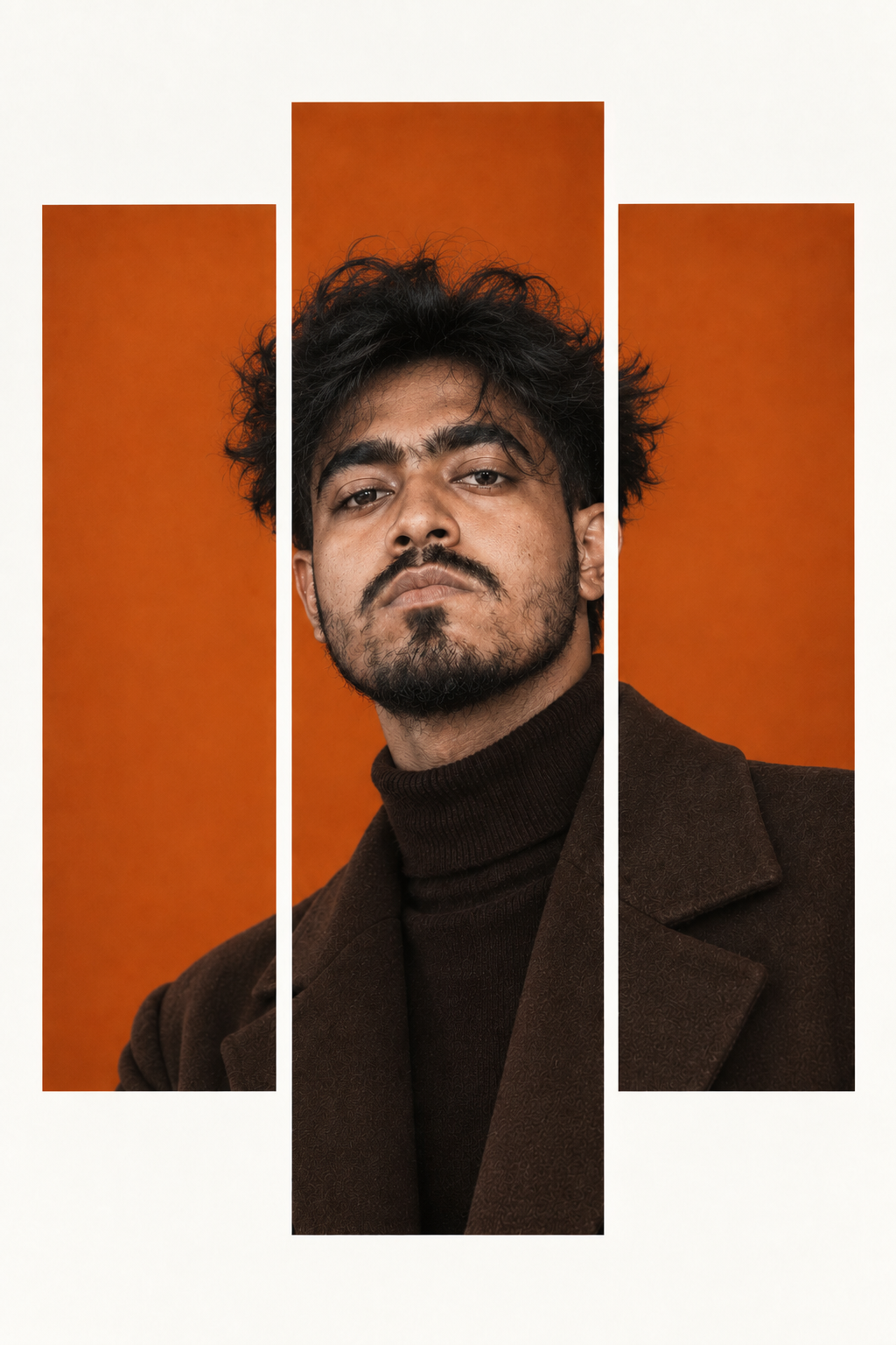 Faysal Sheakh, wearing a dark blazer and turtleneck against an orange background